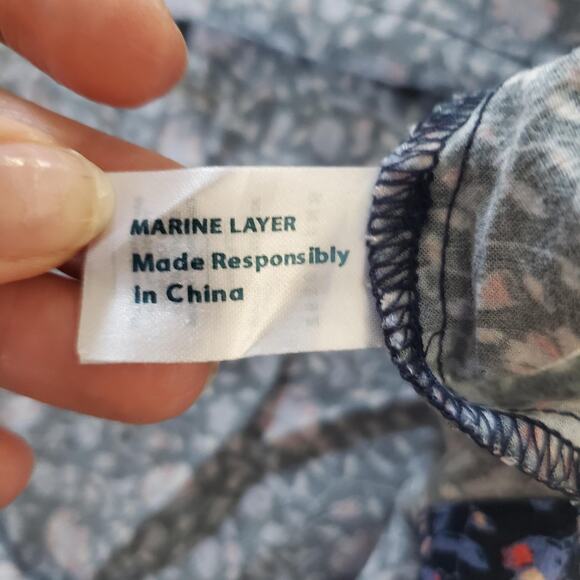 Marine Layer Dress Womens Small Navy Floral Midi V-Neck Puff Sleeve Tiered 16146 - Picture 8 of 10